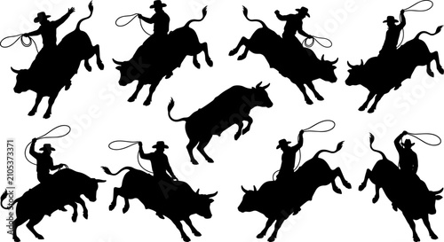 Set of black silhouette rodeo cowboys riding bucking bulls and swinging lassos for western sports graphic design.