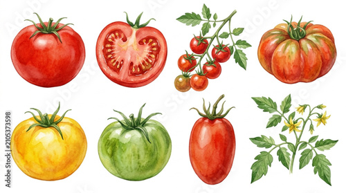 Watercolor botanical illustration of various tomato varieties including red yellow green and cherry tomatoes