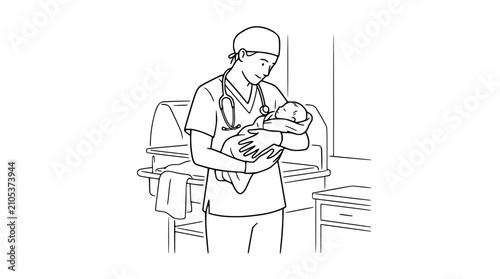 Line Art Illustration of a Doctor Holding a Newborn Baby in a Hospital Nursery