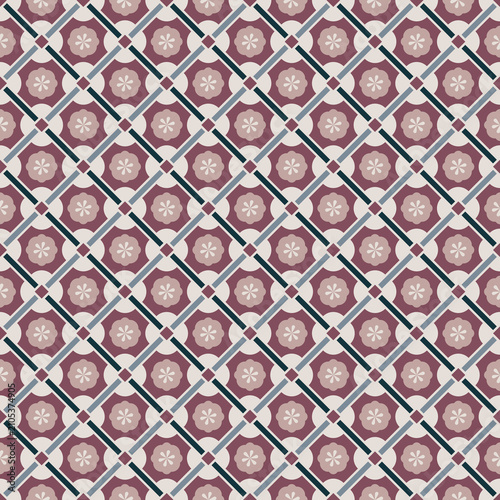 Geometric Floral Seamless Pattern with Decorative Diamond Lattice, Retro Tile Inspired Repeat Background for Wallpaper, Fabric, Textile, Ceramic Tiles