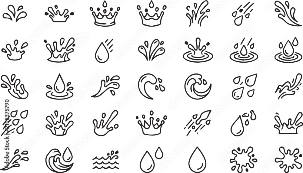 Fototapeta premium Vector water splash collection featuring liquid ripples and rain droplets in line style.