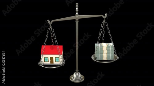House for sale vs dollar stacks balance scale – 3d render looped with alpha channel.