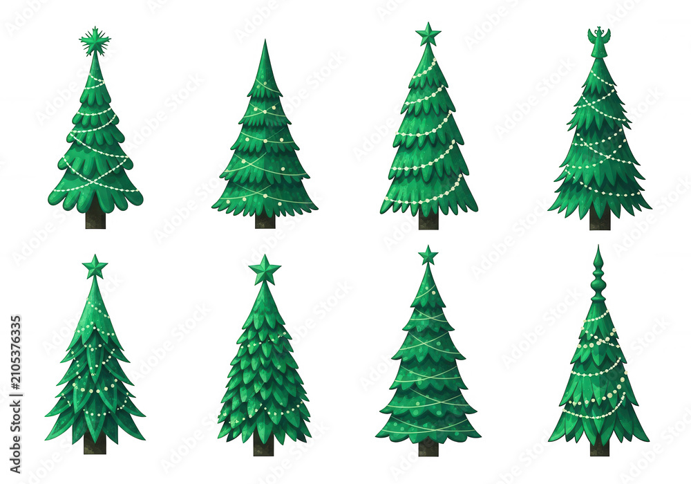 Obraz premium Set of eight stylized green Christmas trees with festive decorations isolated on a transparent background