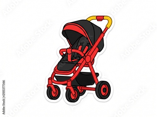 Red baby stroller with black canopy parked indoors. Compact foldable infant pushchair for travel and urban use.