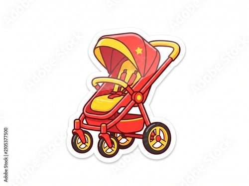 Red baby stroller illustration. Cute cartoon pushchair for infants and toddlers.