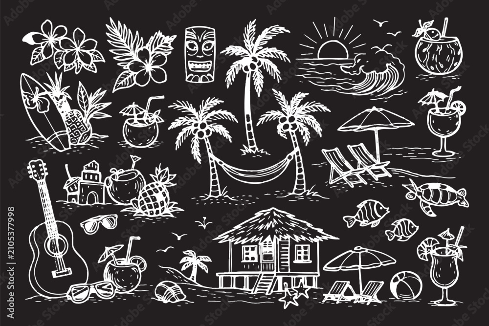 Obraz premium Doodle Hand Drawn Summer Trendy Icon set. Summer Vintage Whimsical Elements in Charcoal Pencil Style. Summer Beach Icons in Pencil Doodle Style. Drawing ink. Travel drawing hand drawn. Sketch Italian