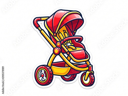 Bright red and yellow baby stroller ready for outdoor use. Modern infant pushchair with adjustable canopy for urban parents.