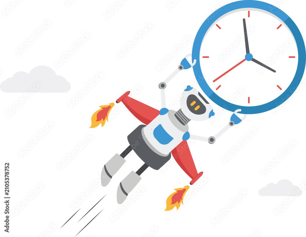 Naklejka premium Robot with lightbulb and clock flying like rocket
