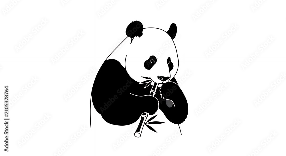 Naklejka premium Giant Panda Bear Eating Bamboo Stalk Illustration Minimalist Black and White Art Design on White Background