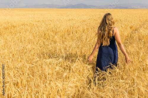 Woman walking through golden wheat field in Cappadocia. Freedom, mindfulness, travel, sustainability, and personal journey concept. 