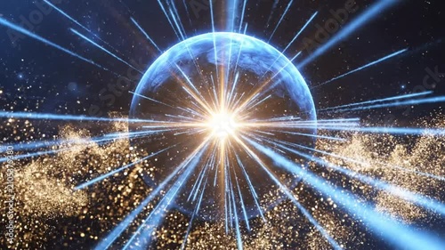 Luminous blue planet emitting golden light particles in space.