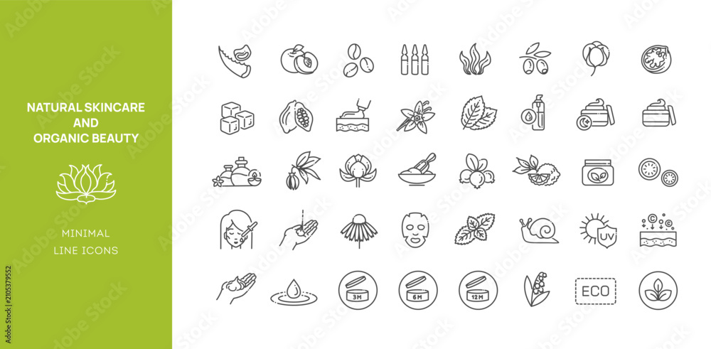 Obraz premium Eco Cosmetic Ingredients Line Icons Set. Natural Skincare and Organic Beauty