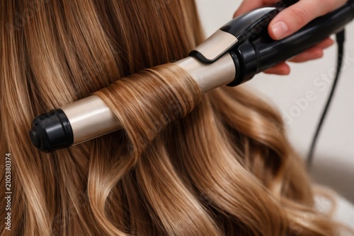 Professional hair curling process creating soft waves with shiny healthy strands and salon styling result