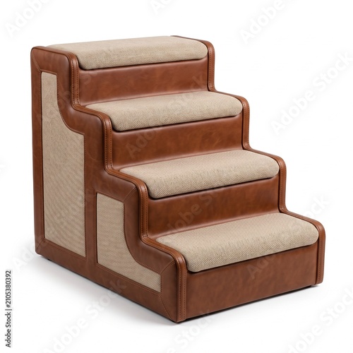 Four Step Wooden Pet Staircase Wrapped in Brown Leather Isolated.