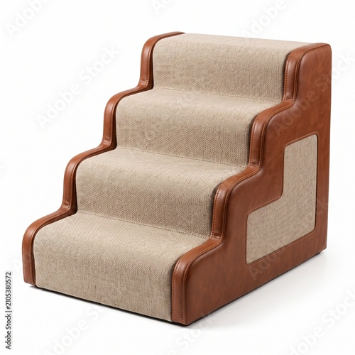 Four Step Wooden Pet Staircase Wrapped in Brown Leather Isolated.