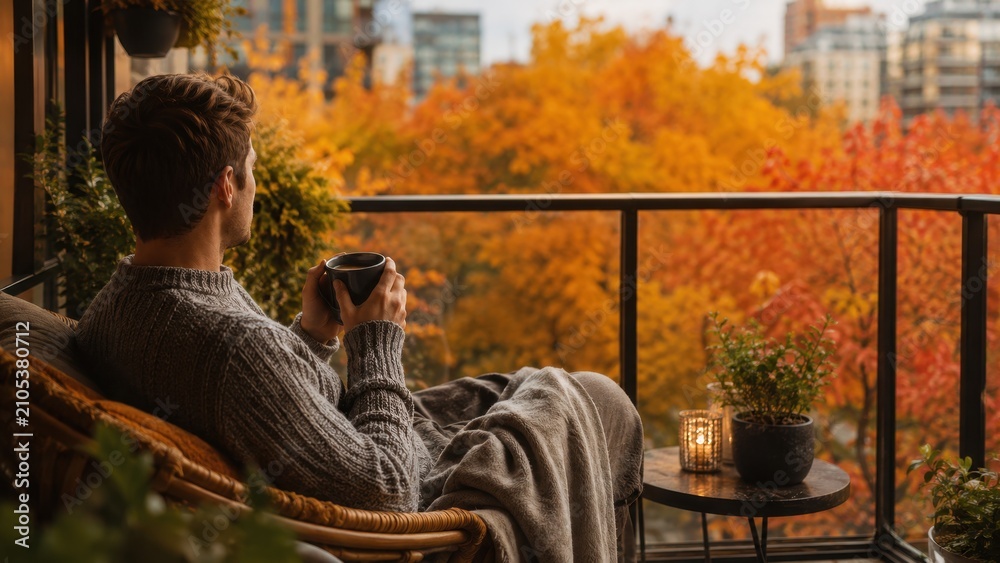 Obraz premium Cozy man drinking hot coffee on balcony overlooking colorful autumn trees in modern city landscape
