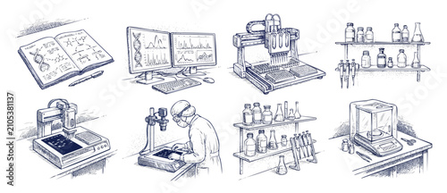 Fotografie Science lab research sketch illustrations of biotechnology equipment, DNA analysis, pipettes, and chemistry glassware on white background for educational biology and clinical medical concepts