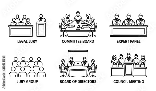 Jury Group and Committee Board Thin Line Vector Icon Set