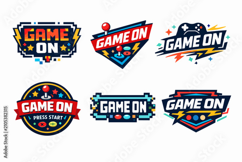 Gaming badges collection with game on theme, featuring pixel art, retro style joysticks, and controller designs
