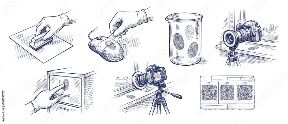 Obraz premium Forensic fingerprint investigation vector illustrations set featuring crime scene evidence analysis, lifting prints with tape, and camera photography in a vintage hand-drawn engraved sketch style.