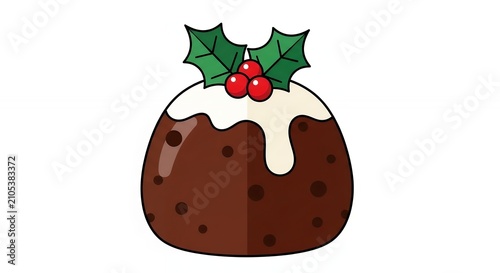 Traditional Christmas Pudding with White Icing and Holly Berries Illustration Isolated on White for Holiday Decoration