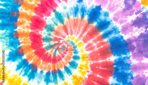 A vivid spiral tie-dye design featuring energetic rainbow hues arranged in a mesmerizing circular pattern. Ideal for textile printing, festival branding, fashion, youth culture, creative backgrounds.
