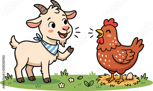 Adorable Goat and Chicken Farm Friends Cartoon Vector Clipart