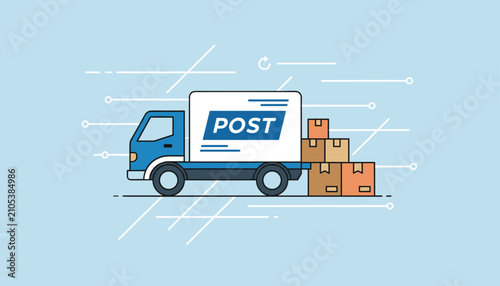 Blue post office delivery truck carrying mail and shipping cargo next to a high stack of orange cardboard boxes.