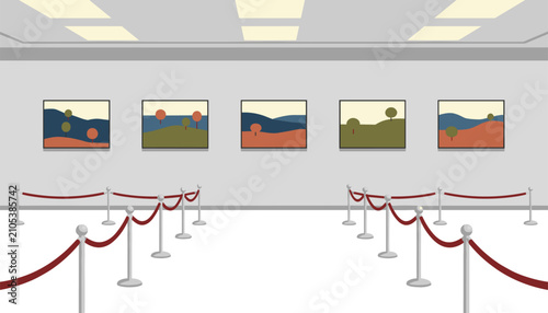 Exhibition hall inside a museum featuring minimalist landscape paintings hanging on the wall behind velvet rope barriers.