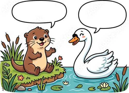 Otter and Swan Talking Cartoon Vector Clipart