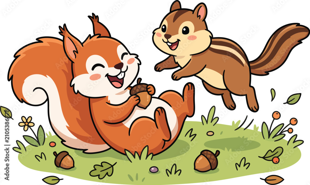 Obraz premium Squirrel and Chipmunk Friends Playing Cartoon Vector Clipart