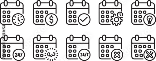 calendar icons with business and scheduling symbols in line art style