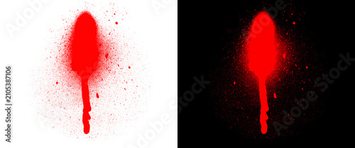 Red spray paint drip on white and black background, aerosol graffiti splatter texture, blood drip paint splash effect
