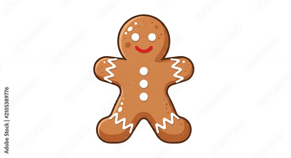 Obraz premium Smiling Christmas Gingerbread Man Cookie with White Icing Decorations and Red Smile Isolated on White Background