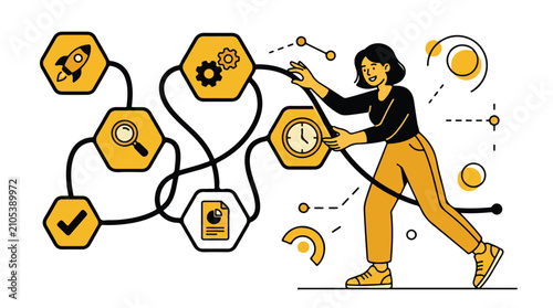 Business workflow optimization vector, professional woman managing complex project process, strategic planning and task management illustration