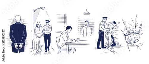 Cuadro en lienzo Police arrest criminal suspect illustration set featuring handcuffed man in suit