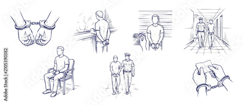 Bild auf Leinwand Handcuffed suspect arrest illustration set featuring police booking mugshot, criminal justice custody, interrogation, and jail prisoner concepts in classic blue ink sketch style on white
