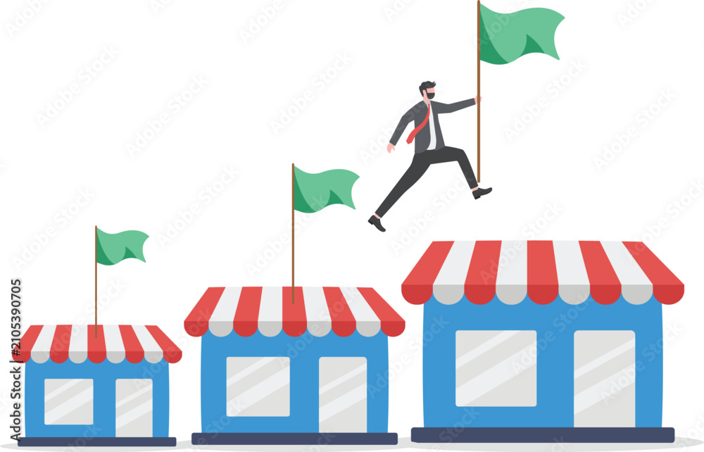 Obraz premium Businessman planting flags on shop roofs