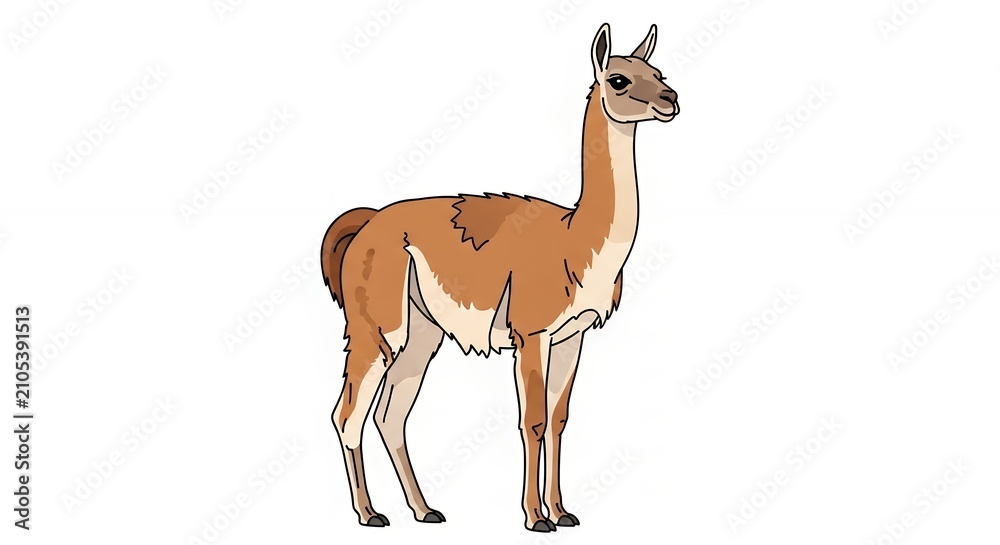 Fototapeta premium Brown Guanaco Illustration Side View Isolated on White Background for Wildlife and Nature Education Projects