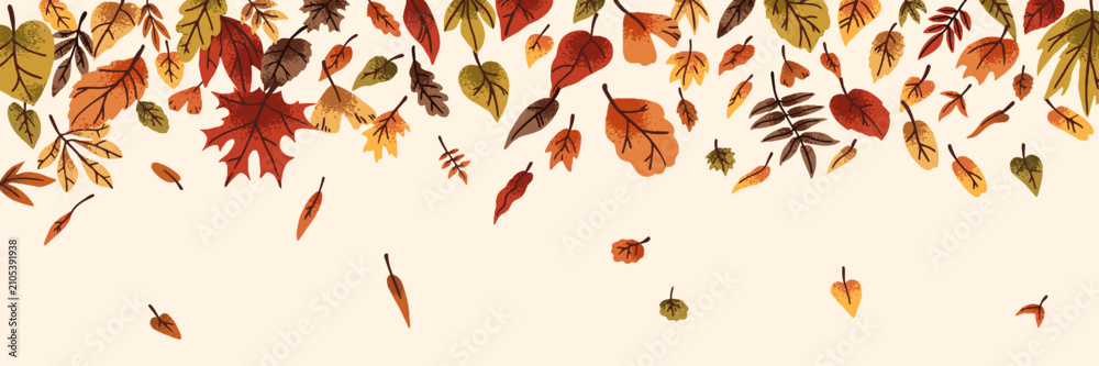 Obraz premium Border design with falling leaves. Hello autumn banner with faded wood foliage. Flying and dropping down forest leafage. Fall theme background. Autumnal nature edge template. Flat vector illustration