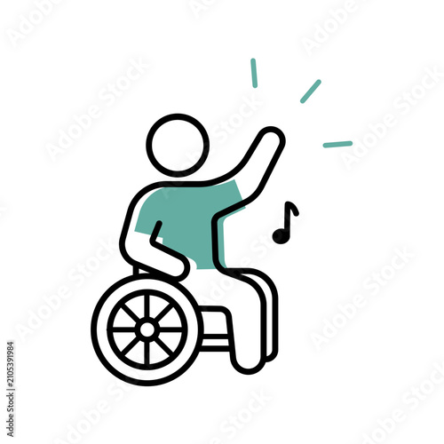 Pictogramme vectoriel d’une personne en fauteuil roulant participant à un concert, un bras levé avec note de musique. Illustration minimaliste pour accessibilité, inclusion, festival et événement.