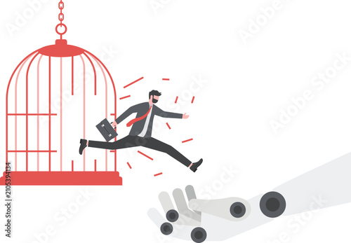 Quadro su tela Businessman escaping birdcage with robot hand