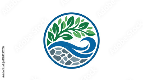 Fotografie Circular logo depicting a harmonious blend of green leaves, blue water waves, and grey rocks, symbolizing nature's elements and environmental balance