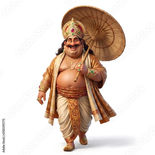 Smiling 3D character illustration of King Mahabali with crown and traditional umbrella, celebrating Onam festival in Kerala, perfect for festive greetings and cultural digital decorations.
