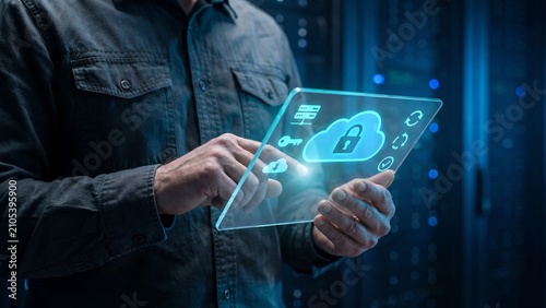 VPN Security Platform. IT professional tapping transparent tablet with cloud padlock, key, and server icons for data breach defense, encrypted storage, and network safety