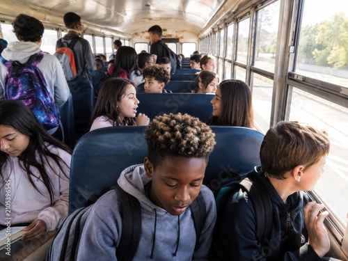 Multi-ethnic group of school children and teenagers sitting together inside a school bus during their daily commute to classes
