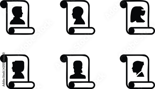 Cuadro en lienzo Collection of silhouette profile portraits on rolled paper icons representing di