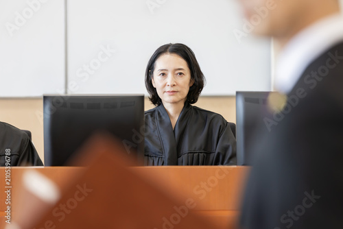 Quadro su tela 法廷で審理を行う女性裁判官と弁論する弁護士