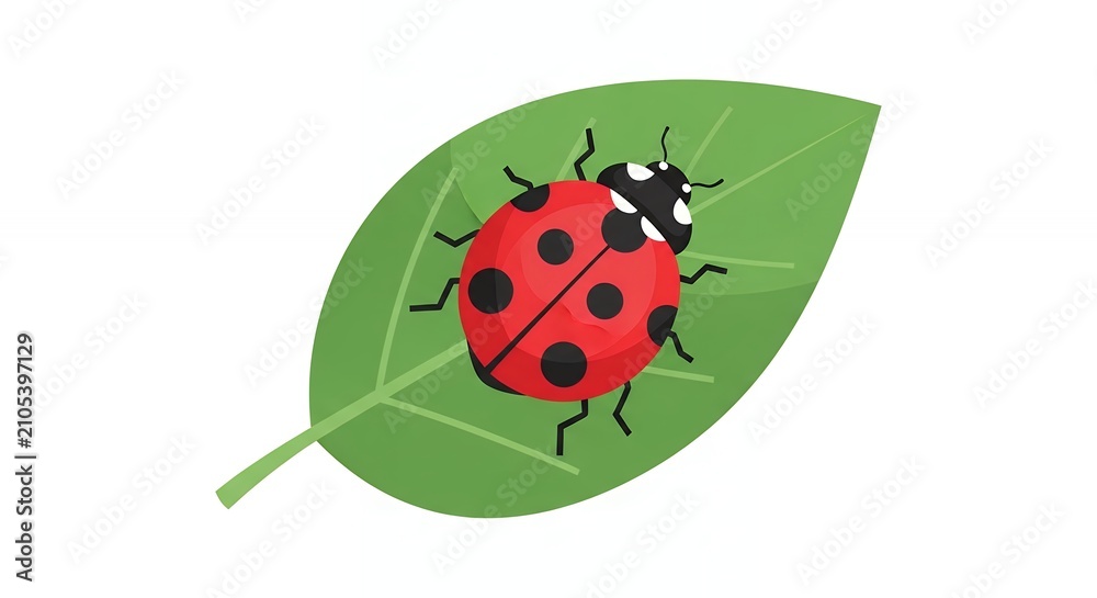 Fototapeta premium Red Ladybug Illustration with Black Spots Crawling on a Green Leaf Isolated on White Background Graphic