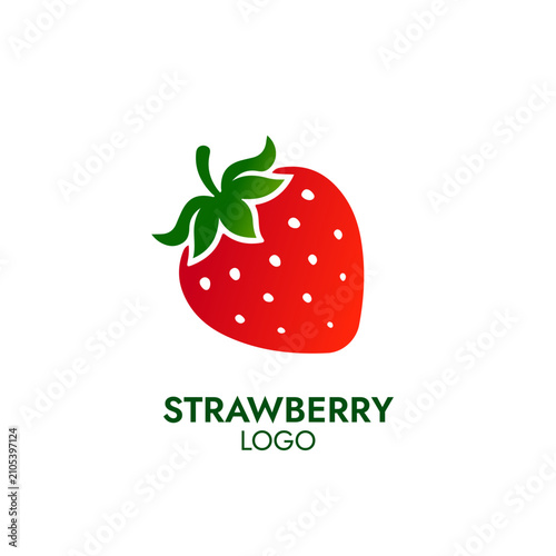 Flat vector logo of a red strawberry with green leaves